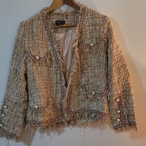 Cream Tweed Blazer with Pearl Details
